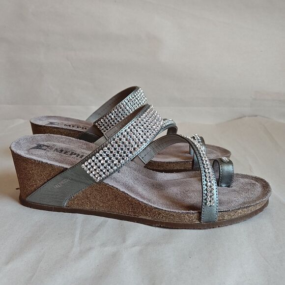 Mephisto Milly Shoes Womens Size 7 Steel Silver Wedge Sandals Rhinestone Straps - Picture 3 of 15